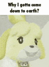 a cartoon character is walking down a set of stairs and asking why i gotta come down to earth .