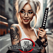 a woman with a tattoo on her arm is holding a sword in front of a sign that says museumbola