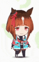 a cartoon girl with brown hair and red eyes is wearing a blue jacket and a red bow on her head .
