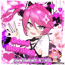 a girl with pink hair says good morning