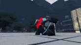 a video game character is holding a sword in front of a building