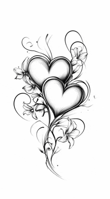 a black and white drawing of two hearts surrounded by flowers