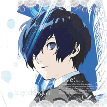 a picture of a boy with blue hair and the word love on it