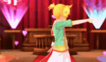 a cartoon character is dancing on a stage in front of a red curtain .