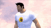 a man wearing a white t-shirt with a picture of a face on it