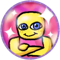 a pixel art drawing of a yellow face with blue eyes