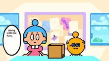 a cartoon character says " along with the hats " next to another character
