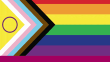a rainbow flag with a black arrow and a circle in the middle