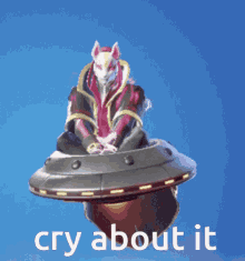 a video game character is flying in a flying saucer with the words cry about it below it