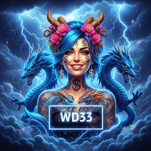 a woman with a tattoo of a dollar sign on her face is surrounded by three blue dragons