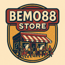 a logo for bemo88 store with a group of people walking in front of it