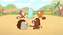 a group of cartoon animals are gathered around a blue bunny
