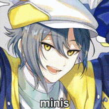 a close up of a person 's face with the word minis written on it