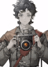 a person holding a camera with a red strap