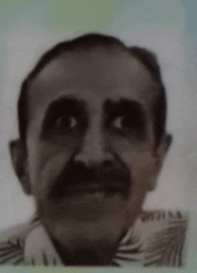 a man with a mustache is looking at the camera in a black and white photo
