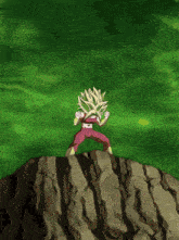 a cartoon of a person standing on a rock with a green light behind them