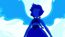 a blue cartoon character with a hood is standing in front of a blue background .