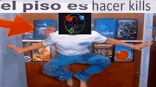 a man is sitting on the floor with his arms outstretched in front of a shelf of video games .