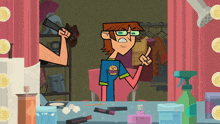 a cartoon character with a hamburger on his shirt points at something