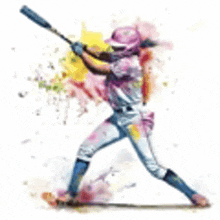 a watercolor painting of a baseball player swinging at a ball .