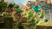 a man is standing on top of a block in a minecraft world .