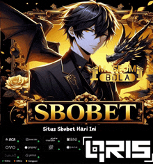 an advertisement for sbobet shows a man in a suit with a dragon behind him