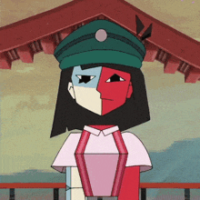 a cartoon drawing of a woman with a green hat