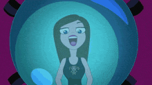 a cartoon character with a skull on her shirt stands in a bubble