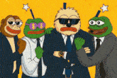 a group of cartoon frogs wearing suits and sunglasses
