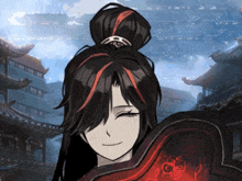 a drawing of a woman with long black hair and red stripes