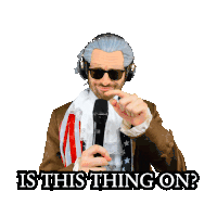 a man wearing headphones and sunglasses holds a microphone with the words is this thing on below him