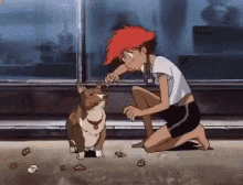 a girl with red hair is kneeling down next to a brown and white dog