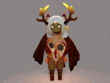 a cartoon character with wings and antlers holds a pink heart in front of her face