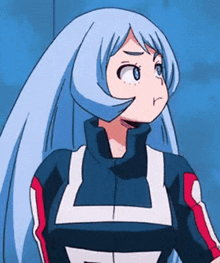 a close up of a cartoon character with long blue hair and a blue and red jacket .