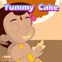 a cartoon of chhota bheem eating a cake with the words yummy cake above him