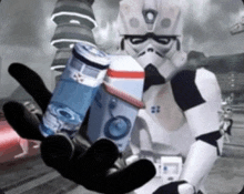 a storm trooper holds a can of soda and a box of milk
