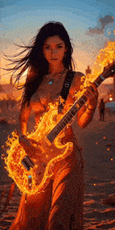 a woman is holding a guitar with flames on it .
