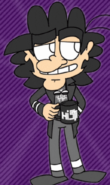 a cartoon character is holding a mug that says his on it