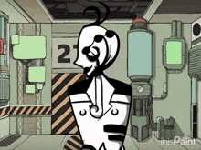 a black and white cartoon character is standing in a room with a lot of tubes and pipes .