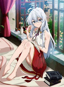 a girl with white hair is sitting on a bed reading a book next to a stack of books