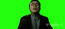 a man wearing glasses and a suit is on a green screen with the words vigle.ar below him