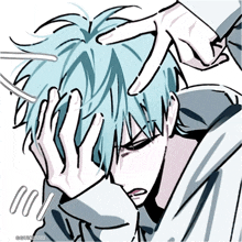 a drawing of a person covering their face with their hands with the letters o on the bottom right