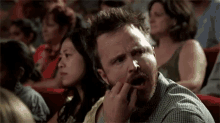 a man with a beard is sitting in front of a crowd of people in a theater and making a funny face .