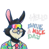 an illustration of a rabbit wearing sunglasses and a colorful jacket with the words have a nice day below it