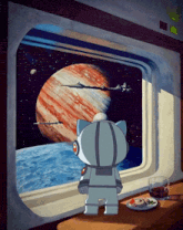 a cartoon character in a space suit looking out a window at a planet