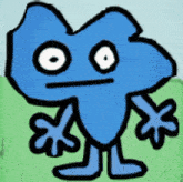 a cartoon drawing of a blue frog with a face