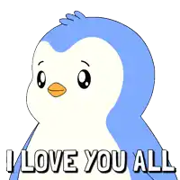 a blue and white penguin with pink hearts and the words " i love you all "