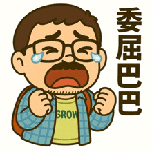 a cartoon of a man wearing a shirt that says grow on it