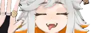 a close up of a cartoon character with her tongue out and her eyes closed .
