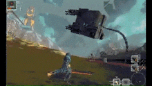 a screenshot of a video game with a robot flying in the air